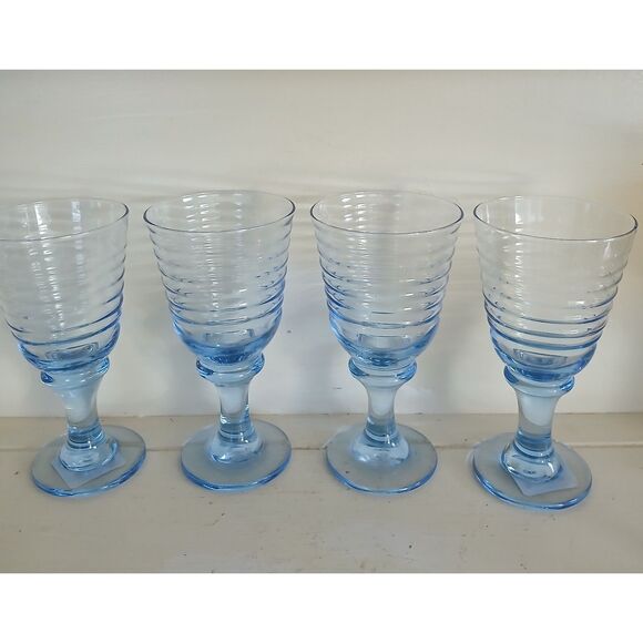 Set of 4 Libbey Sirrus Blue Swirl Ribbed Goblets 7" Water Wine Glasses USA - Picture 3 of 4